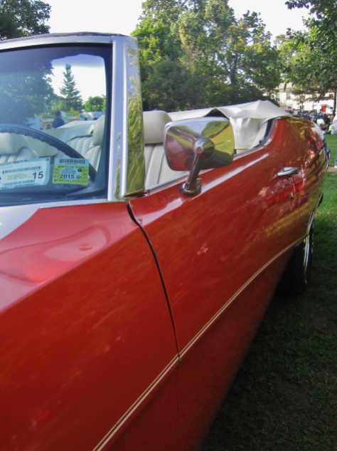 Vertical angled side view of the detail of the red-orange and white GS Car on view in the 5th Annual Power In The Park & 8th Annual Uncle Sam Jam, held at Power's Memorial Park in Troy,NY, Saturday, August 30, 2014. (c) Amy L. Modesti, 2014