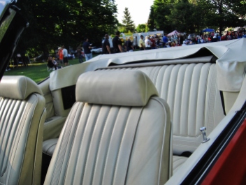 Interior view of the seats of the red-orange and white GS Car on view as part of the 5th Annual Power In The Park & 8th Annual Uncle Sam Jam at Power's Memorial Park, Troy,NY, Saturday, August 30, 2014. (c) Amy L. Modesti, 2014