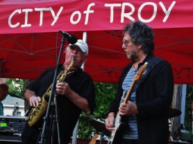 Emerald City Band performers from left-right; Rick Rourke and Joe Mele, performing live on stage as part of the 5th Annual Power In The Park Classic Car Show & 8th Annual Uncle Sam Jam, held at Power's Memorial Park in Troy,NY, Saturday, August 30, 2014. (c) Amy L. Modesti, 2014