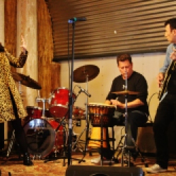 "Off The Record" featuring Joanna Peterson Palladino (vocals), Bob Resnick (drums), and a local guitarist, performing at "Still: DQ 2 For Dick Quinn" concert held at The Hangar in Troy, NY on Sunday, October 11, 2015. Series 1/9. Photo taken by Amy L. Modesti with Canon Rebel SL1 Digital SLR Camera. (C): Amy Modesti, 2015