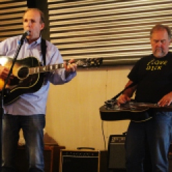 "Jim Gaudet And The Railyard Boys" featuring Kevin Maul (right, steel guitar), performing at "Still: DQ 2 For Dick Quinn" concert held at The Hangar in Troy, NY, Sunday, October 11, 2015. Series 4/8. Photo taken by Amy L. Modesti with her Canon Rebel SL1 Digital SLR Camera. (C): Amy Modesti, 2015