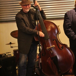Upright Bassist from "Chandler Travis Three-O" performing at "Still: DQ 2 For Dick Quinn" concert held at The Hangar in Troy, NY, Sunday, October 11, 2015. Series 7/18. Photo taken by Amy L. Modesti with her Canon Rebel SL1 Digital SLR Camera. (C): Amy Modesti, 2015