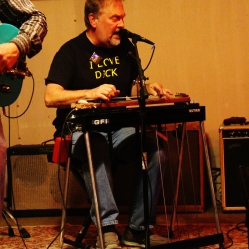Kevin Maul from "The Coveralls" playing the lap steel at "Still: DQ 2 For Dick Quinn" concert held at The Hangar in Troy, NY, Sunday, October 11, 2015. Series 12/17. Photo taken by Amy L. Modesti with her Canon Rebel SL1 Digital SLR Camera. (C): Amy Modesti, 2015