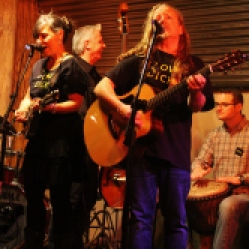 The "DoorNellies" Featuring Peggy Lecuyer (mandolin/vocals), Gene Lemme (upright bass), Mike McMann (acoustic guitar/vocals), and a bongo player performing at "Still: DQ 2 For Dick Quinn" concert held at The Hangar in Troy, NY, Sunday, October 11, 2015. Series 7/15. Photo taken by Amy L. Modesti with her Canon Rebel SL1 Digital SLR Camera. (C): Amy Modesti, 2015